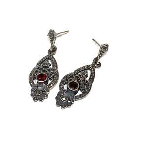 925 Earrings Garnet Sterling Silver Drops Dangles Vintage 5.11g